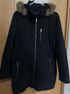 Calvin Klein Black Coat with Faux Fur Trim